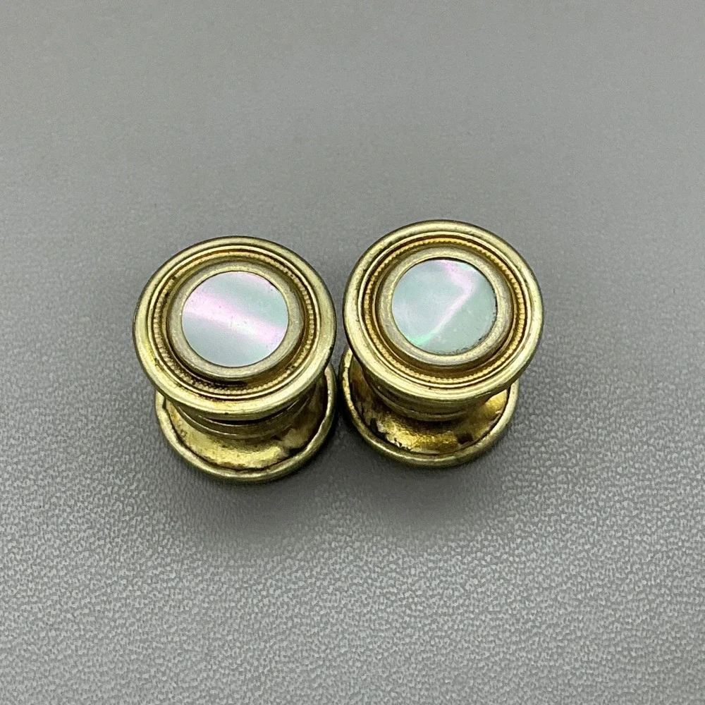 Vintage Cobslink Mother of Pearl Gold Tone Snap Cufflinks Round Bezel Pair